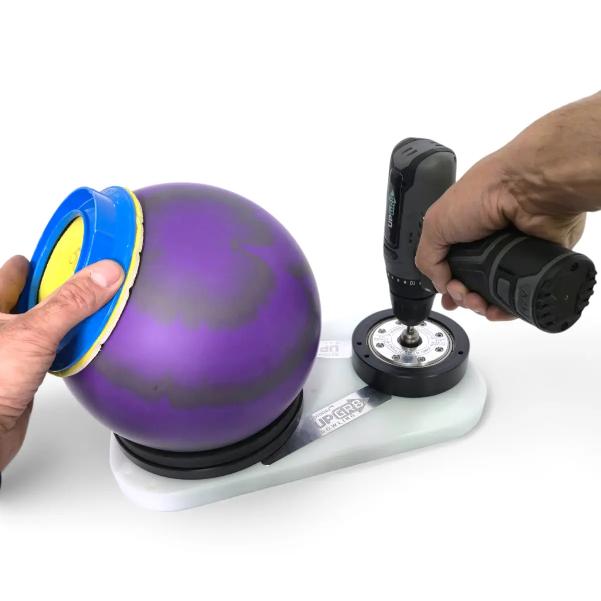 Controlled bowling ball surface work with Spinnerᵀᴳ and GripPadᵀᴳ